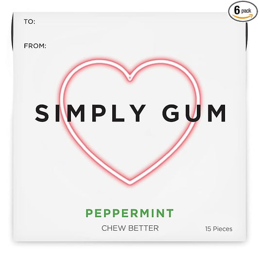 SIMPLY Gum Peppermint, Plastic-Free Natural Chewing Gum, Heart Box 6 Pack (90 Pieces) | Vegan, Kosher, Non GMO, Aspartame Free and Sorbitol Free