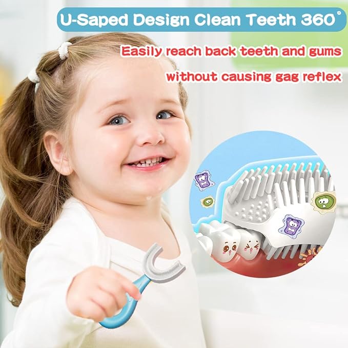 YOTEE U-Shaped Toothbrush Kids 2 PCS - Toddler Toothbrush with Food Grade Soft Silicone Brush Head, Manual Whole Mouth Tooth Brush for Kids Age 2-6(Blue+Pink)