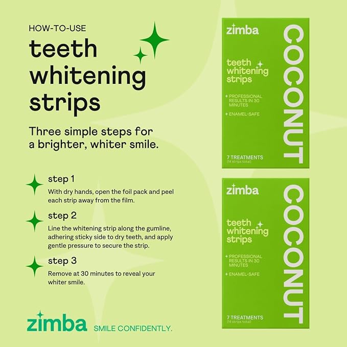 Zimba Coconut 2PK Teeth Whitening Strips for Teeth Sensitive, White Strips for Teeth Whitening, Teeth Whitener Stain Remover 28 White Strips Included Per Pack, 28 Day Treatment