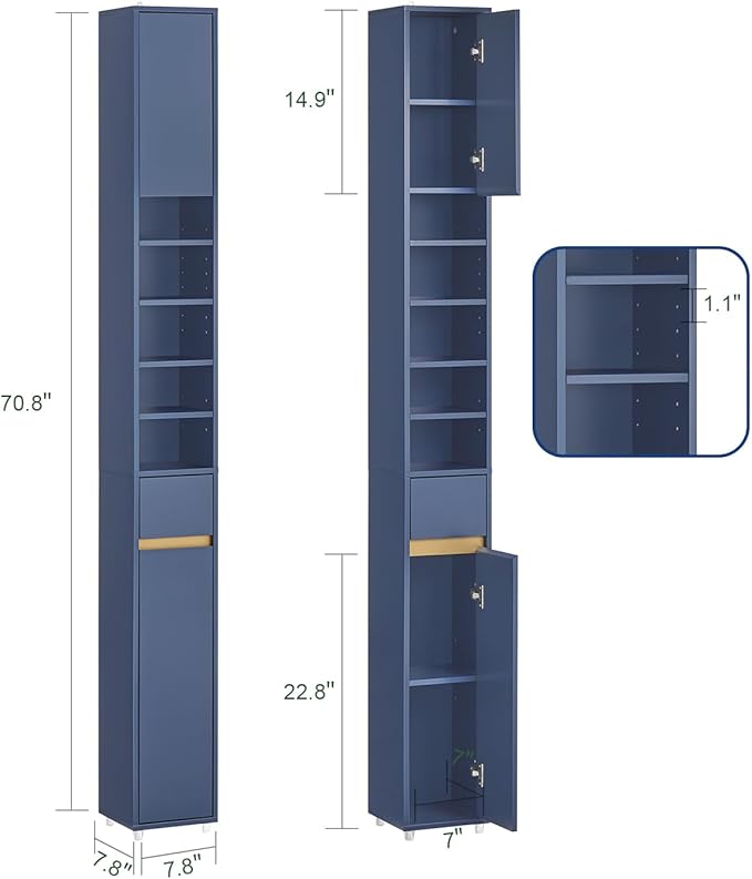 SoBuy Bathroom Narrow Storage Cabinet Skinny Tall Unit with Adjustable Shelves Slender Anti-Tipping Floor Standing Cupboard, Blue BZR34-B