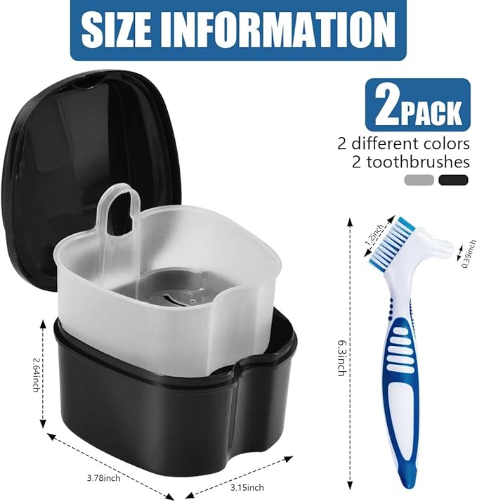 2 Pack Denture Bath Case Cup Box Holder Storage Container with Denture Cleaner Brush Strainer Basket for Travel Cleaning (White and Black)