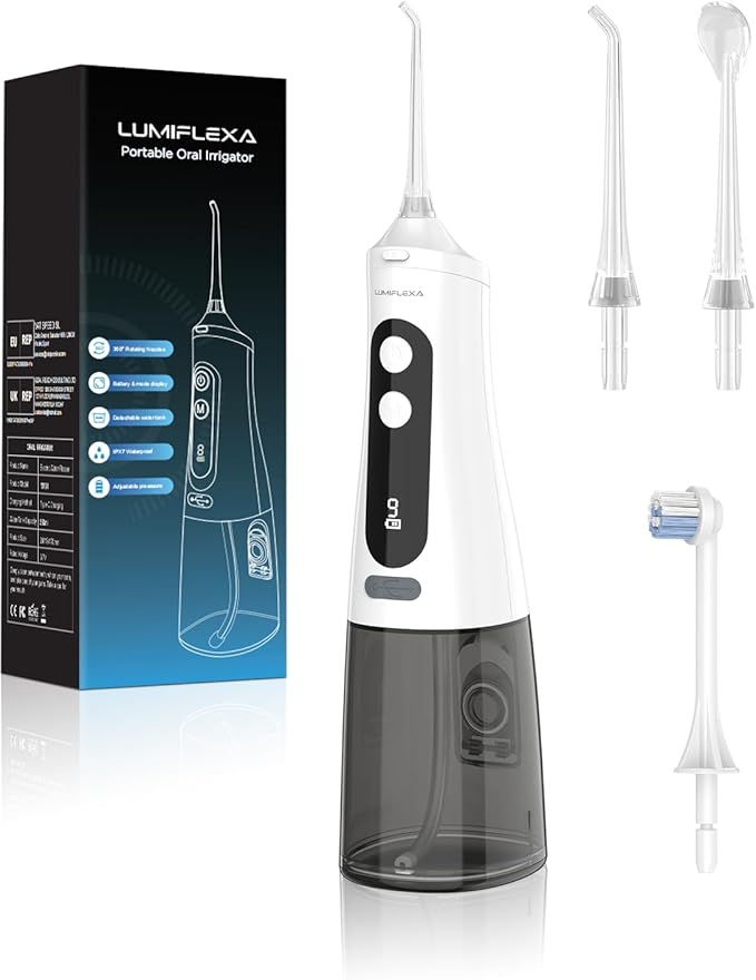 Water Dental Flosser, 300ML Cordless Oral Irrigator Rechargeable Dental Flosser Picks with 9 Levels 5 Jet Tips,IPX7 Waterproof Teeth Cleaner for Braces Gum Care (White)