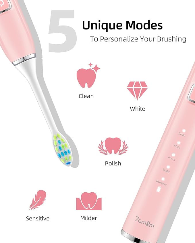 7AM2M Electric Toothbrush 2 Pack Set for Kids and Adults, 12 Brush Heads,5 Adjustable Modes, Built-in 2-Minute Smart Timer, Wireless Fast Charge for 60 Days,IPX7Waterproof SonicToothbrush(Green+Pink)