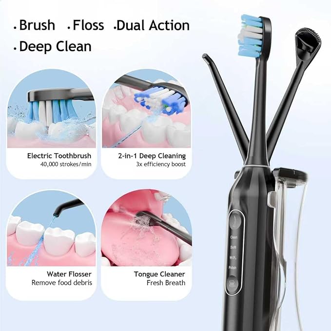 Pinkart 3 in 1 Electric Toothbrush with Water Flosser Combo for Adults, Toothbrush Flosser Combo in One, 8 Brush Heads, Flosser Tip, 180ML Water Tank, Rechargeable Portable Oral Irrigator (Black)