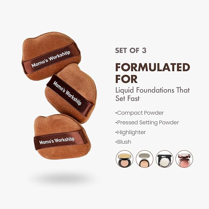 Single-Ear Short Plush Puff,Brown Velvet Powder Puff, 85° Pointed Tip for Highlighting & Full-Face Setting,3pcs Plush Puffs & Storage Case