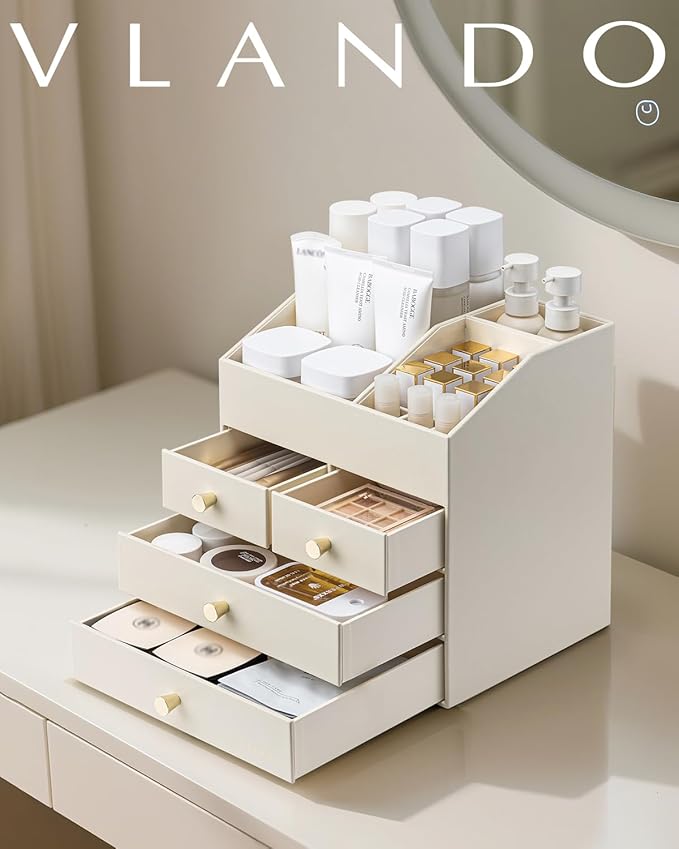 Vlando Makeup Organizer Countertop,Large Vanity Organizer PU Leather Make up Storage with 4 Drawers Perfume Organizers Cosmetic Display Case for Lipstick,Brushes,Bedroom-Beige