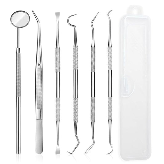 6 Pcs Dental Tools Set, Stainless Steel Teeth Cleaning Tools with Case, Including Dental Mirror, Plaque Tartar Remover for Teeth, Tweezers, Probe, and Pick Scaler for Oral Care