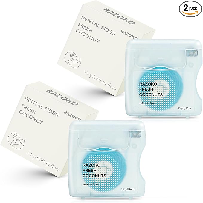 RAZOKO Coconut Oil Infused Woven Dental Floss, Vegan and Cruelty-Free, Coconut Scent, 4 Month Supply (33 Yds x 2 Units)