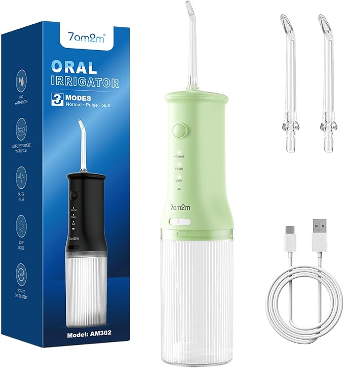 7AM2M Portable Cordless Water Flosser, Oral Irrigator with 3 Modes & 2 Tips, Fast Rechargeable, IPX7 Waterproof, Dental Water Flosser for Travel and Home Use (Light Green)
