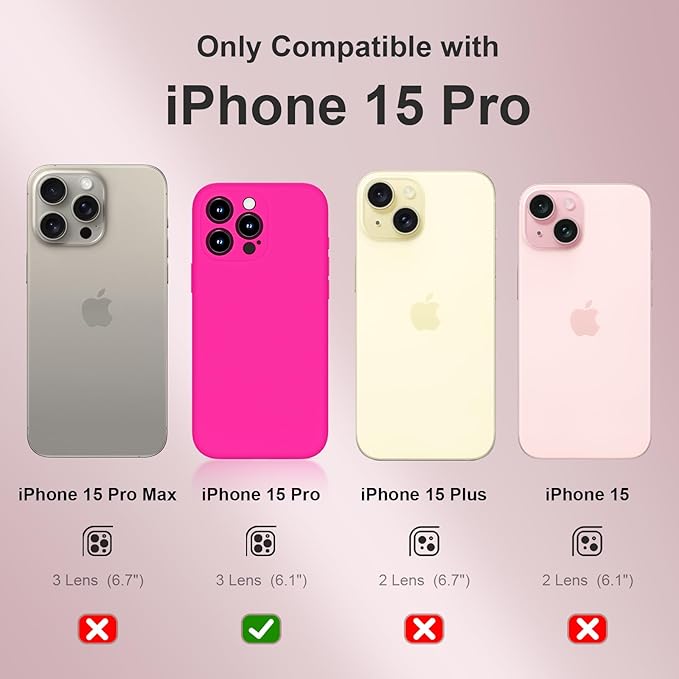 Magnetic for iPhone 15 Pro Case, Compatible with MagSafe, with 9H Nano Screen Protectors, Full Camera Protection, Silicone Shockproof Microfiber Lining Phone Case 6.1", Hot Pink