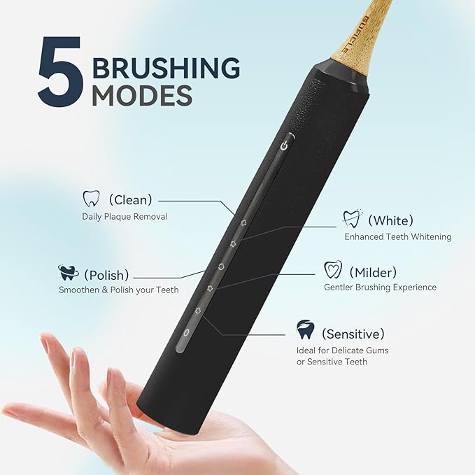 Bamboo Electric Toothbrush for Adults丨Rechargeable Electric Toothbrush with 3 Non Toxic Charcoal Infused Bamboo Brush Heads, 5 Cleaning Modes, 60 Days Battery Life, IPX7 Waterproof-Black