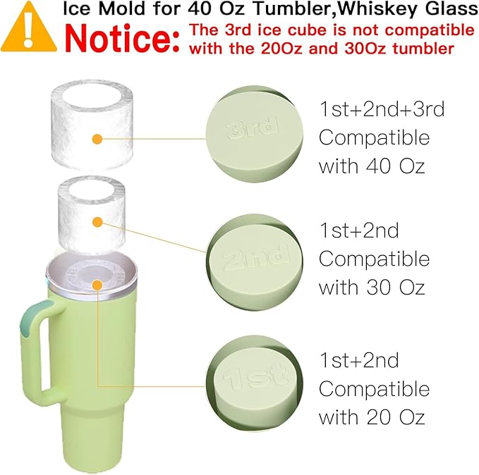 Ice Cube Tray for Tumbler Cup 30Oz-40Oz, 3 Pcs Silicone Cylinder Ice Mold with Lid and Bin for Freezer, Easy Fill and Release Ice Maker for Whiskey, Cocktail BPA-Free (White, 40Oz-Type1)