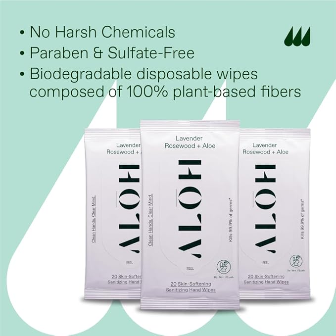 ALOH Antibacterial Wipes – Lavender & Rosewood Sanitizing Hand Wipes - Clean Hands, Clear Minds - On The Go Hand Sanitizer Wipes for Kids and Adults - Travel Size 3 Pack, 20ct Wipes (60 wipes)
