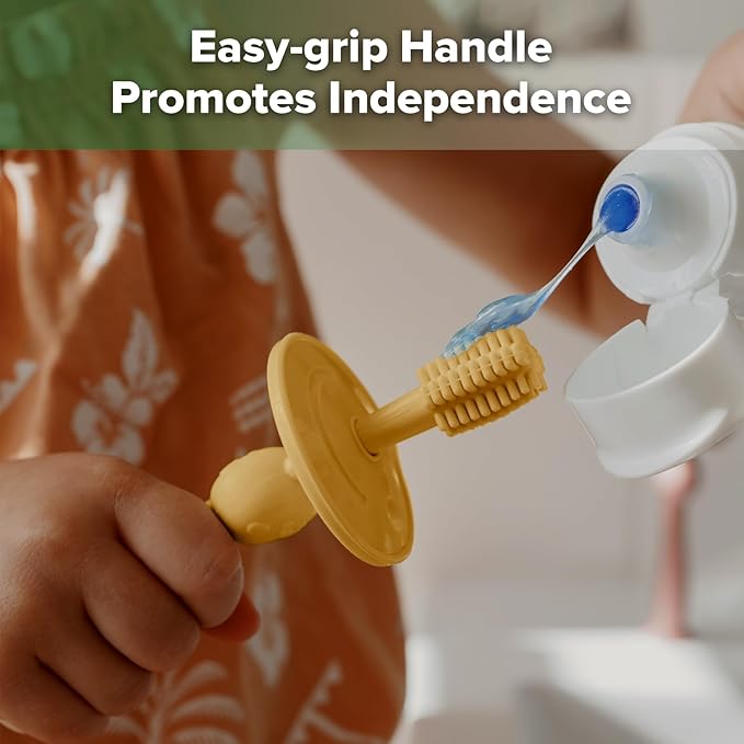 haakaa 360° Baby Toothbrush with Suction Base - Gentle Cleaning for Toddler's Self-Brushing Training, Food-Grade Silicone, Adjustable Safety Shield - Mustard (1 Piece)