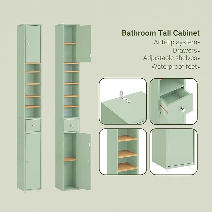 SoBuy Bathroom Narrow Storage Cabinet Skinny Tall Unit with Adjustable Shelves Slender Anti-Tipping Floor Standing Cupboard, Light Green BZR34-GR