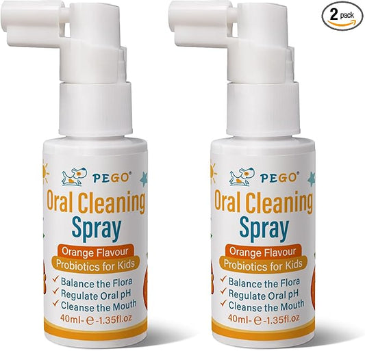 PEGO Kids Oral Spray, Toddler Toothpaste Helper for Fresh Breath，Kid's Mouth Spray with Fluoride Free for Newborn to 12 Years (2Pack, Orange)