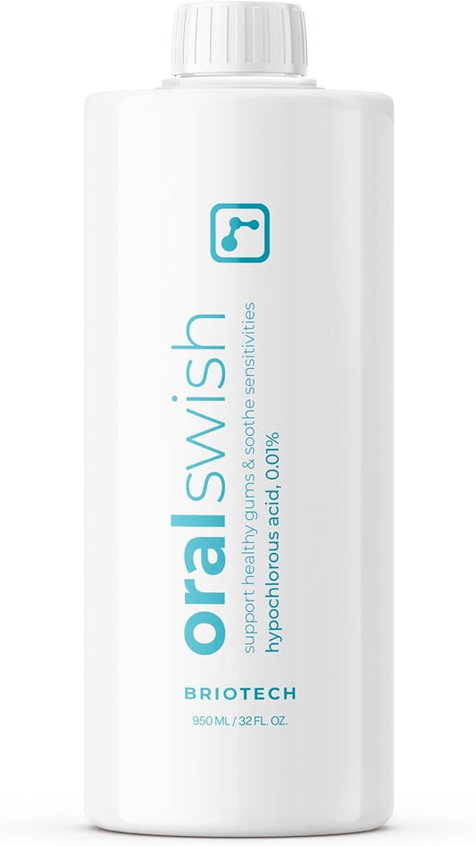 BRIOTECH Oral Swish, Hypochlorous Acid Mouthwash Rinse, Gentle Oral Care Hygiene, Fight Bad Breath, Support Against Plaque, Gum Irritation & Tender Gums, Alcohol & Fluoride Free, 32 fl oz