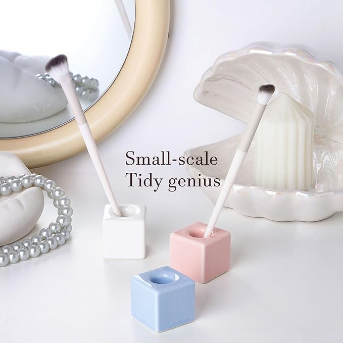 AirMoon Mini Square Ceramic Toothbrush Holder for Bathroom - Blue Small Countertop Organizer, Easy Clean Toothbrush Stand, Suit for Electric Toothbrush Head, Pens & Coffee Spoon