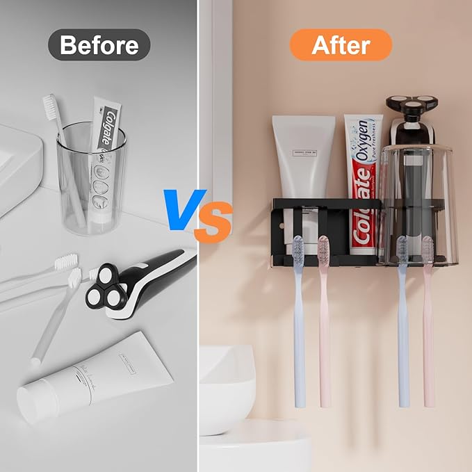 Toothbrush Holders for Bathroom, Toothbrush Holder Wall Mounted Large Capacity Tray, Self Adhesive Tooth Brushing Holder & Bathroom Accessories