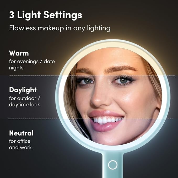 Fancii Cami Handheld Travel Makeup Mirror with Lights, Rechargeable, Extra Large, Double Sided 5X / 1X Magnifying Mirror - 3 Color Lighting, Handheld or Vanity (Blue Fluff)