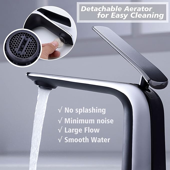 TOCALOCA Matte Black and Polished Chrome Bathroom Basin Faucet, Premium Brass One Hole Lavatory Vanity Sink Faucet Single Handle, Contemporary Bathroom Single Lever Mixer Tap Black and Sliver