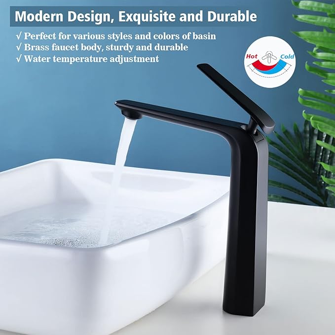 TOCALOCA Black Bathroom Faucet Tall Vessel Sink Faucet Matte Black Bathroom Sink Faucet, Single Handle 1 Hole Cold and Hot Water Mixer Vanity Sink Tap