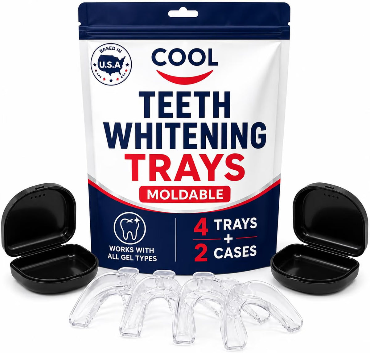 Teeth whitening trays set with a white and navy blue pouch labeled 'COOL TEETH WHITENING TRAYS MOLDABLE', four clear trays in front, and two black charging cases shown open on both sides, on a white background.