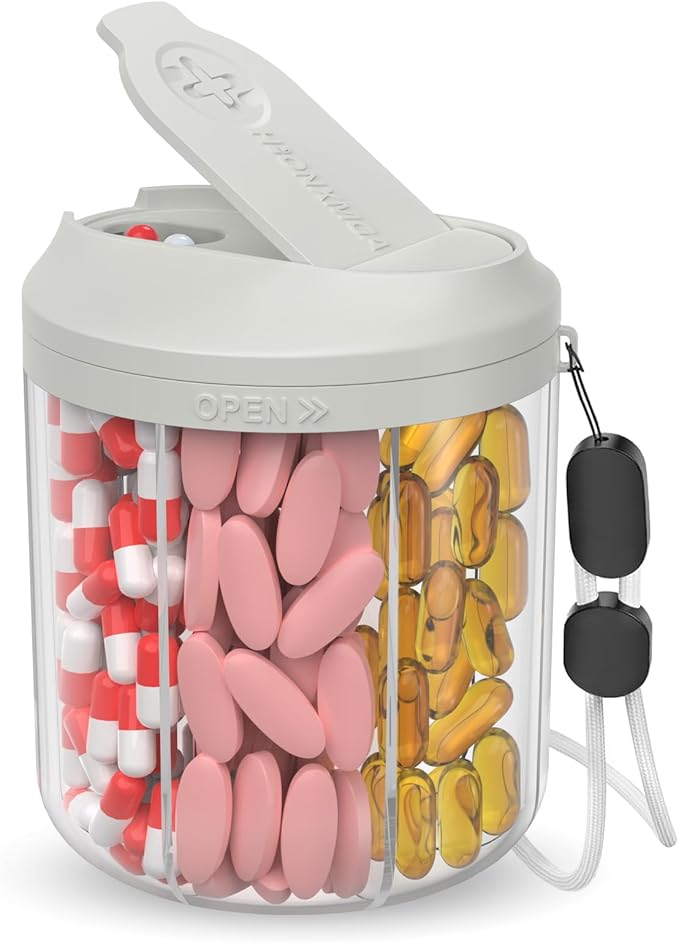 Pill Dispenser with 7 Large Compartments, Pill Bottle Organizer for Travel, Supplement Organizer with Anti-Mixing Design, BPA-Free Pill Container with 20 Pcs Labels, Grey