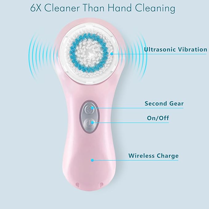 Microtree Electric Facial Cleansing Brush, Sonic Vibrating Rechargeable Face Scrubber Exfoliator, 2 Speeds for Gentle Clean, Face Wash Brush, Waterproof Face Cleansing Brush