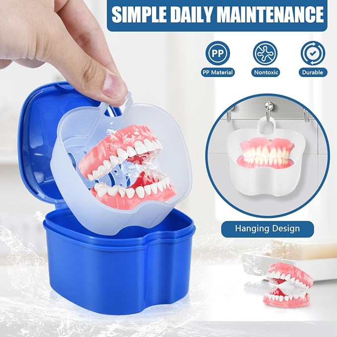 2 Pack Colors Denture Bath Case Cup Box Holder Storage Soak Container with Strainer Basket for Travel Cleaning (Blue and Pink)