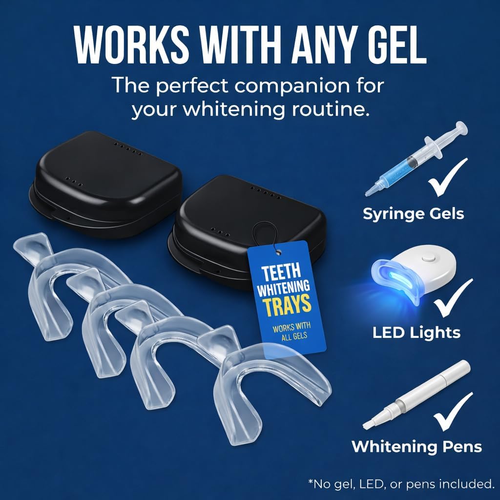 Teeth Whitening Trays Moldable 4-Pc Bleaching Trays for Teeth Whitening with 2 Slim Retainer Cases - Comfortable, Thin Design for Tooth Bleach, Compatible with Opalescence Gel Not Included