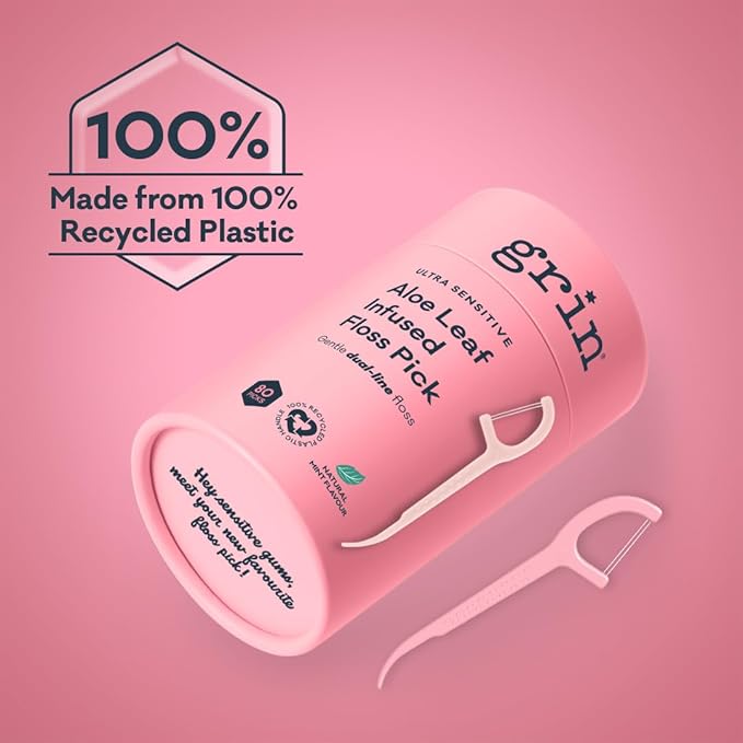 Grin Tooth Picks Flossers for Adults – Aloe Leaf Infused Dental Floss Picks for Teeth Cleaning - Natural Mint Flavor - 100% Recycled Plastic Handle - 80 Count Canister (Pack of 3)