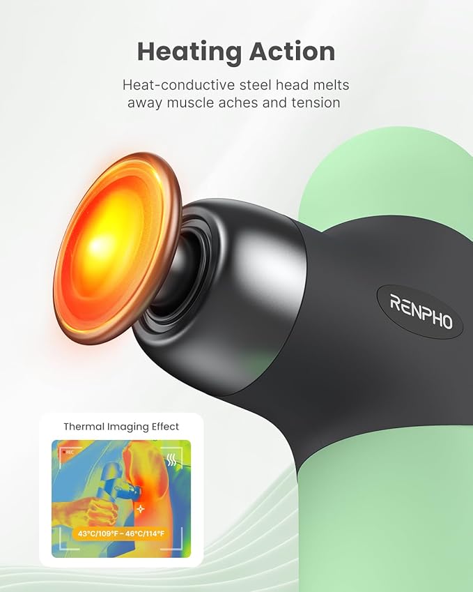 RENPHO Mini Thermal Massage Gun with Heat, Valentines Birthday Gifts for Women Men, Portable Deep Tissue Percussion Massager, Color Silicone Sleeves Travel Size with Carry Case, Spearmint