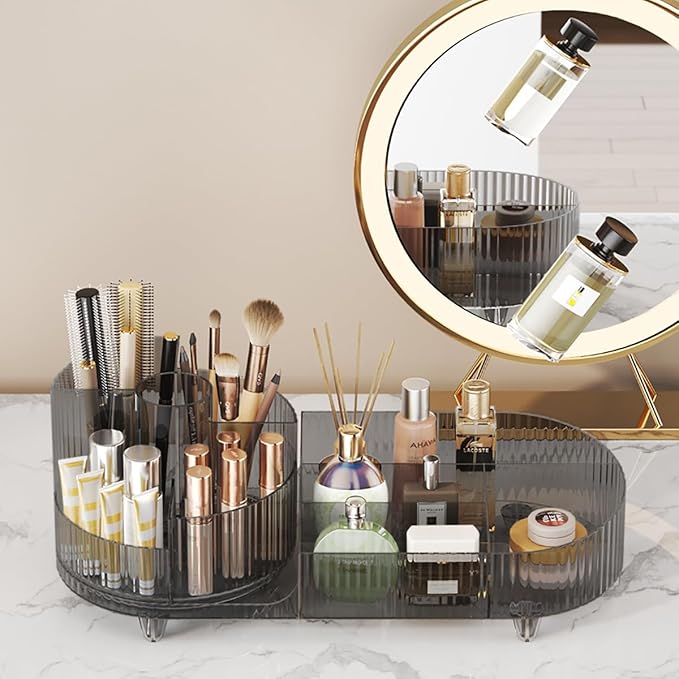 360° Rotating Makeup Organizer for Vanity - Large Capacity Cosmetic Display Case Countertop Cosmetic Storage Holder with Makeup Brush Holders （Gray）
