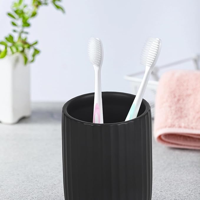 8 oz Toothbrush Holders for Bathroom, Ceramic Tooth Brushing Dispenser, Small Tooth Brush Organizer for Countertop, Toothpaste Storage Stand, Tumbler Storage Cup for Makeup Brushes -Black