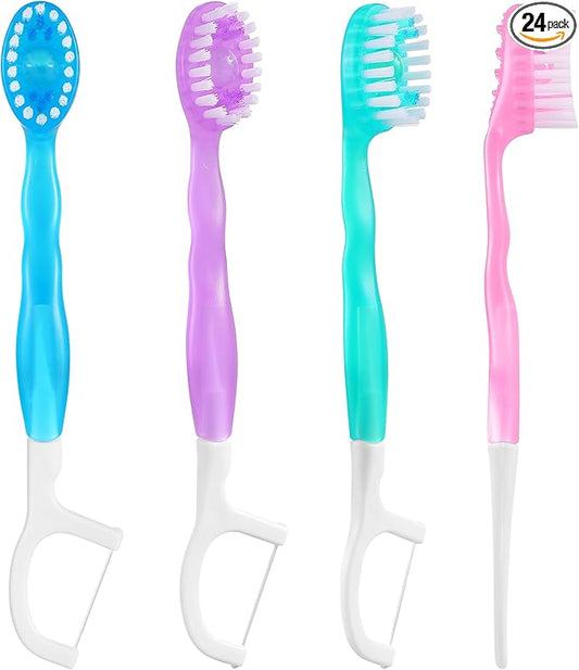 B Rush 24Pack 5 in 1 Mini Disposable Toothbrush, Toothpaste+Tongue Cleaner+Floss+Pick, Portable Prepasted Travel Set for Kids Adults, Individual Wrapped for Work Camping&Daily Care, Mint Flavor