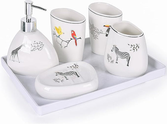 White Bathroom Accessories Set,Modern Countertop Bathroom Decor,Luxury 6 Piece Bathroom Accessory Set,Complete with Soap Dispenser,Toothbrush Holder,Tumbler,Tray
