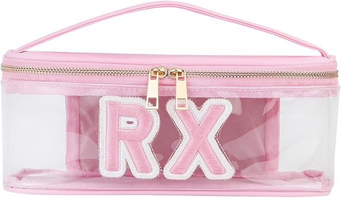 Clear PVC Letter Patch MEDS RX Makeup Bag with Metal Zipper,Large Capacity Nylon Transparent Medicine Bag with Top Handle,First Aid Travel Organizer Cosmetic Bag(04 Pink RX)