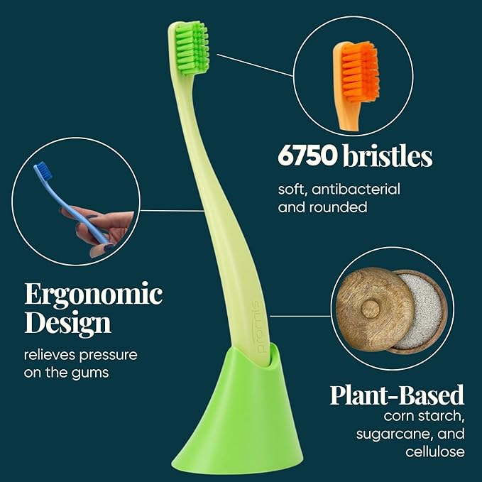 PROMIS Toothbrush 3-Pack Refill | Ecofriendly Soft Toothbrush | Renewable Bioplastic | 6750 Soft Bristles | Swiss Made Italian Design (Yellow/Green/Orange)