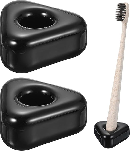 uxcell 2 Pcs Mini Ceramics Toothbrush Holder Stands, Sleek Mini Countertop Toothbrush Triangle Shape Ceramic Holder Stand for Bathroom Vanity Countertops, Black