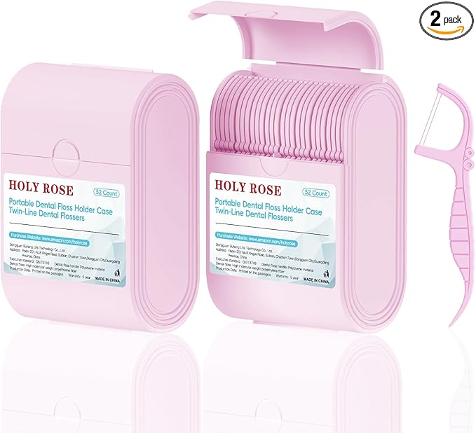 Holy Rose Pink Dental Floss Picks, 2 Packs Travel Cases with Twin Line Flosser 104 Count, Mint, Flossers Sticks Toothpicks is an Oral Care Tool for Clean and Fresh Teeth.