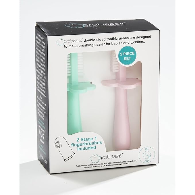 grabease Double Sided Baby Toothbrush - Silicone Finger Brush for Infant Gums - Soft Dual-Sided Brush for Toddler Teeth - Training Toothbrush for Toddlers & 1-Year-Olds - Pack of 2, Mint & Blush