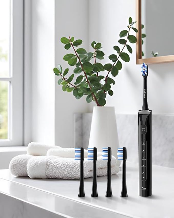Electric Toothbrush for Adults, Rechargeable Sonic Travel Toothbrush Teens with 4 Brush Heads-180 Days Battery Life, 55000VPM, 5 Modes Smart Timer& Travel Case, Black