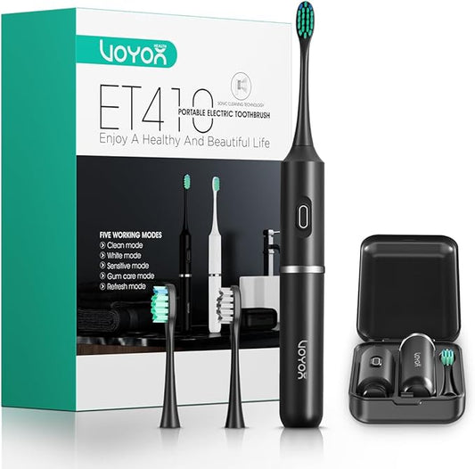 VOYOR-Health Travel Electric Toothbrush, Rechargeable Toothbrushes for Adults, Portable Sonic Toothbrush with 5 Modes, Three-Section Detachable Design with Travel Case ET410 (Black)