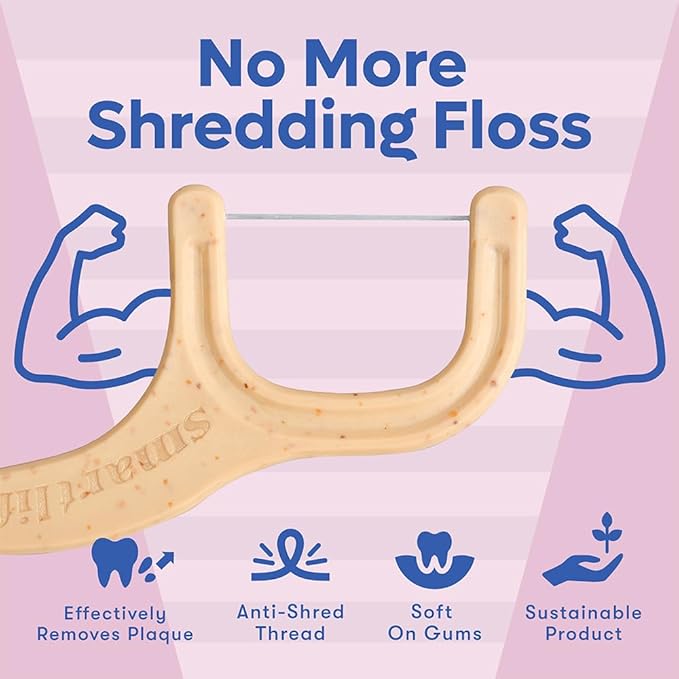 Individually Wrapped Dental Floss Picks (50ct) - Eco-Friendly Flosser Handle Made with Straw Wheat Blend | Great for Travel | PFA Free | Toothpick Stick Soft On Gums & Teeth | Vegan | Unflavored