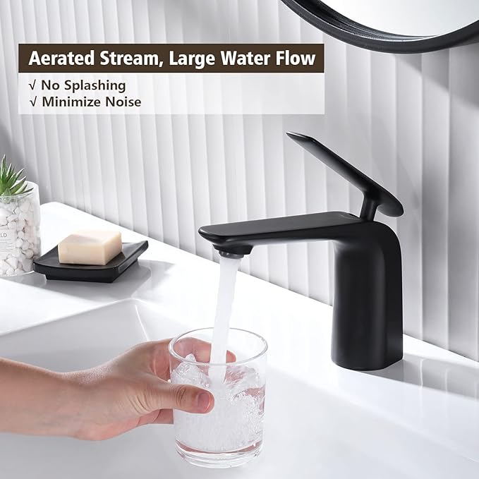TOCALOCA Black Bathroom Sink Faucet, Matte Black, Modern Design, Single Handle, 1 Hole, Brass, Ceramic Disc Valve, Deck Mount, Aerated Non-Splashing Stream