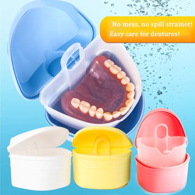 Denture Bath Box Cup Container Case, Complete Clean Care for Dentures, Clear Braces, False Teeth, Mouth Guard, Night Guard & Retainers,Traveling (Black & White)