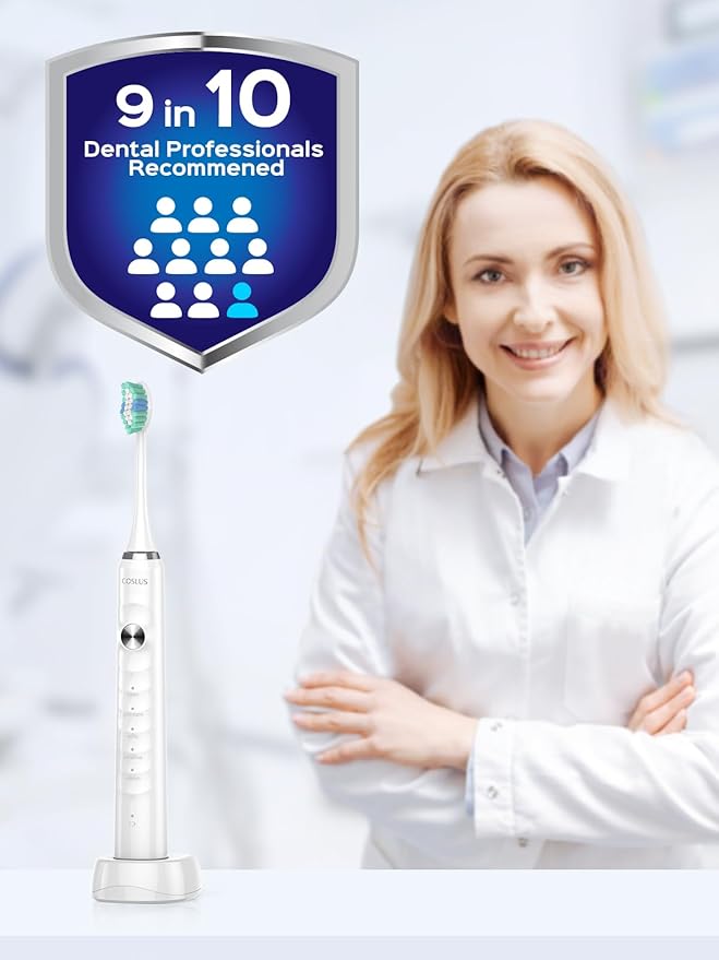 COSLUS Sonic Electric Toothbrush for Kids & Adults: 47000 VPM for Deep Cleaning & Whitening with Travel Case - 5 Modes for Sensitive Teeth & Braces, Wireless Charging, 6 Brush Heads for Home Family