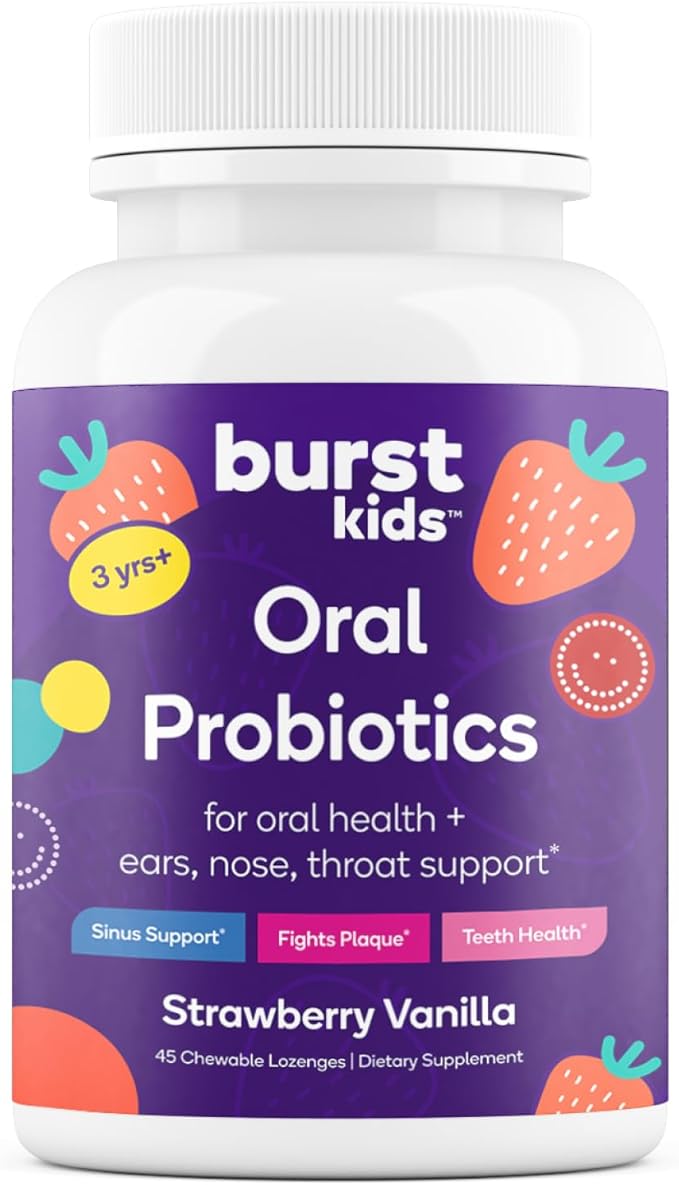 Burst Kids Probiotics (Strawberry Vanilla) | 45 Chewable Lozenges for Kids 3+ | Dental Probiotics to Support Oral, Ear, Throat & Respiratory Health | 3 Billion CFUs | Safe Ingredients | Made in USA