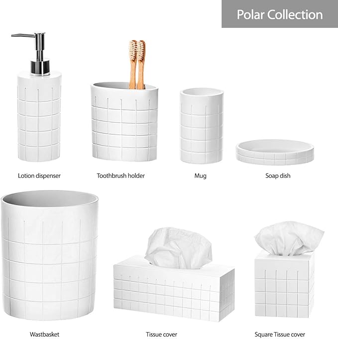 Creative Scents Polar White Bathroom Accessories Set with Trash Can - 6 Piece Bathroom Set Features: Waste Basket, Tissue Cover, Soap Dispenser, Toothbrush Holder, Tumbler and Soap Dish